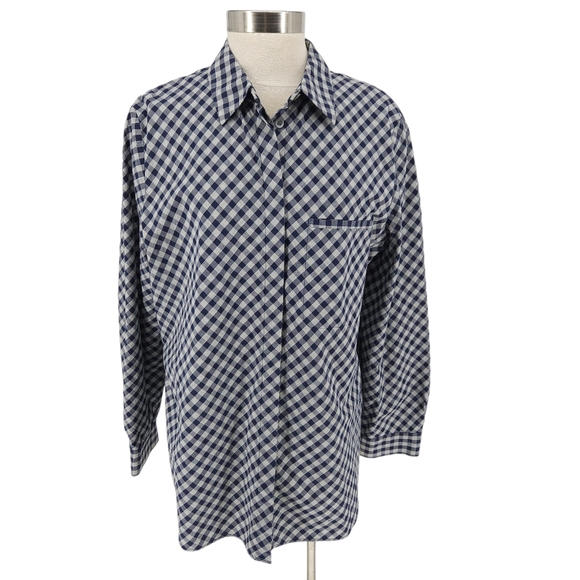 Lafayette 148 Shirt Blue Gingham Long Sleeve Button Up Collared Pocket Top XL - Picture 1 of 7